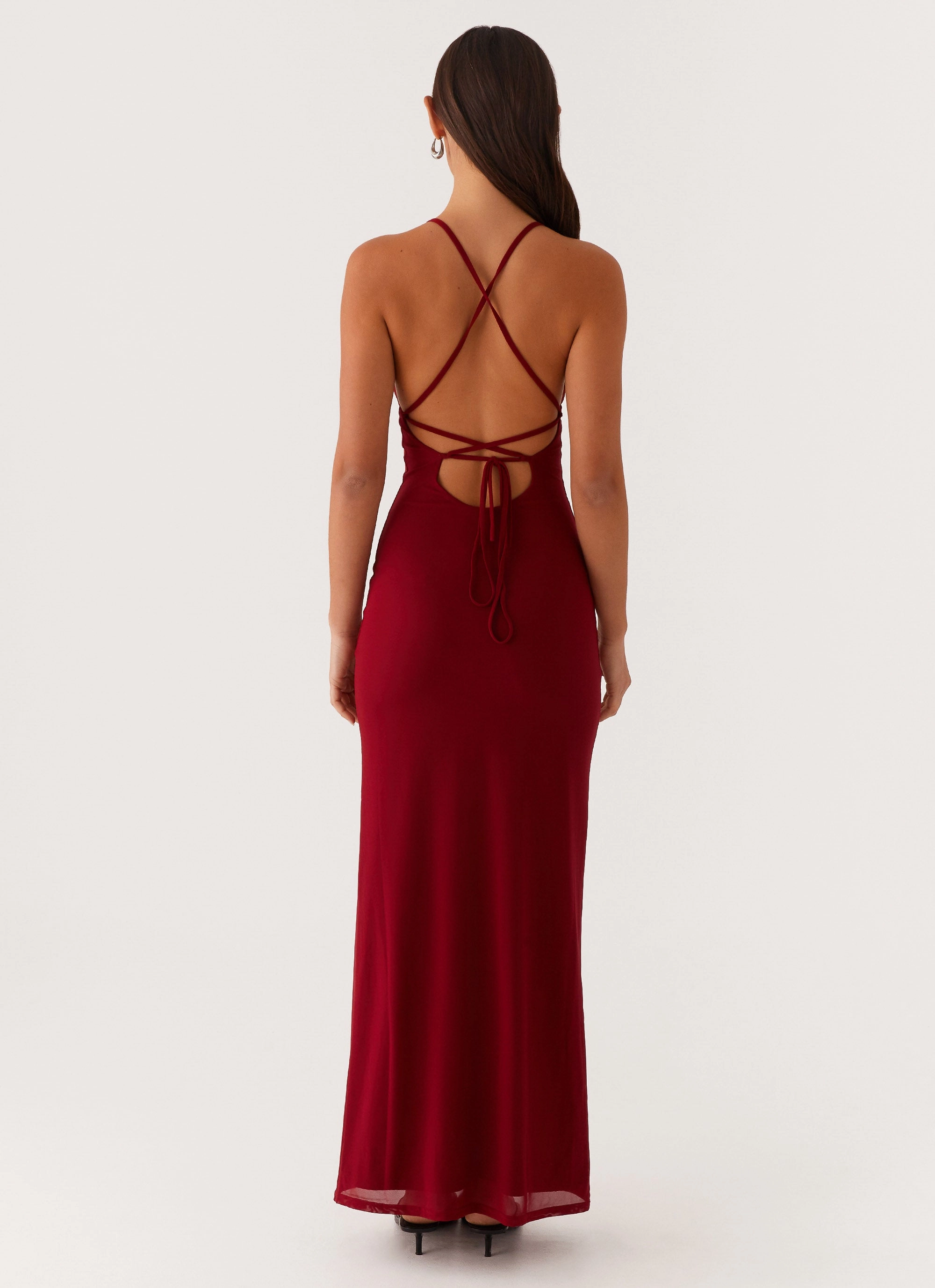 confident look Flowing Fit Beki Beaded Mesh Maxi Dress - Deep Red