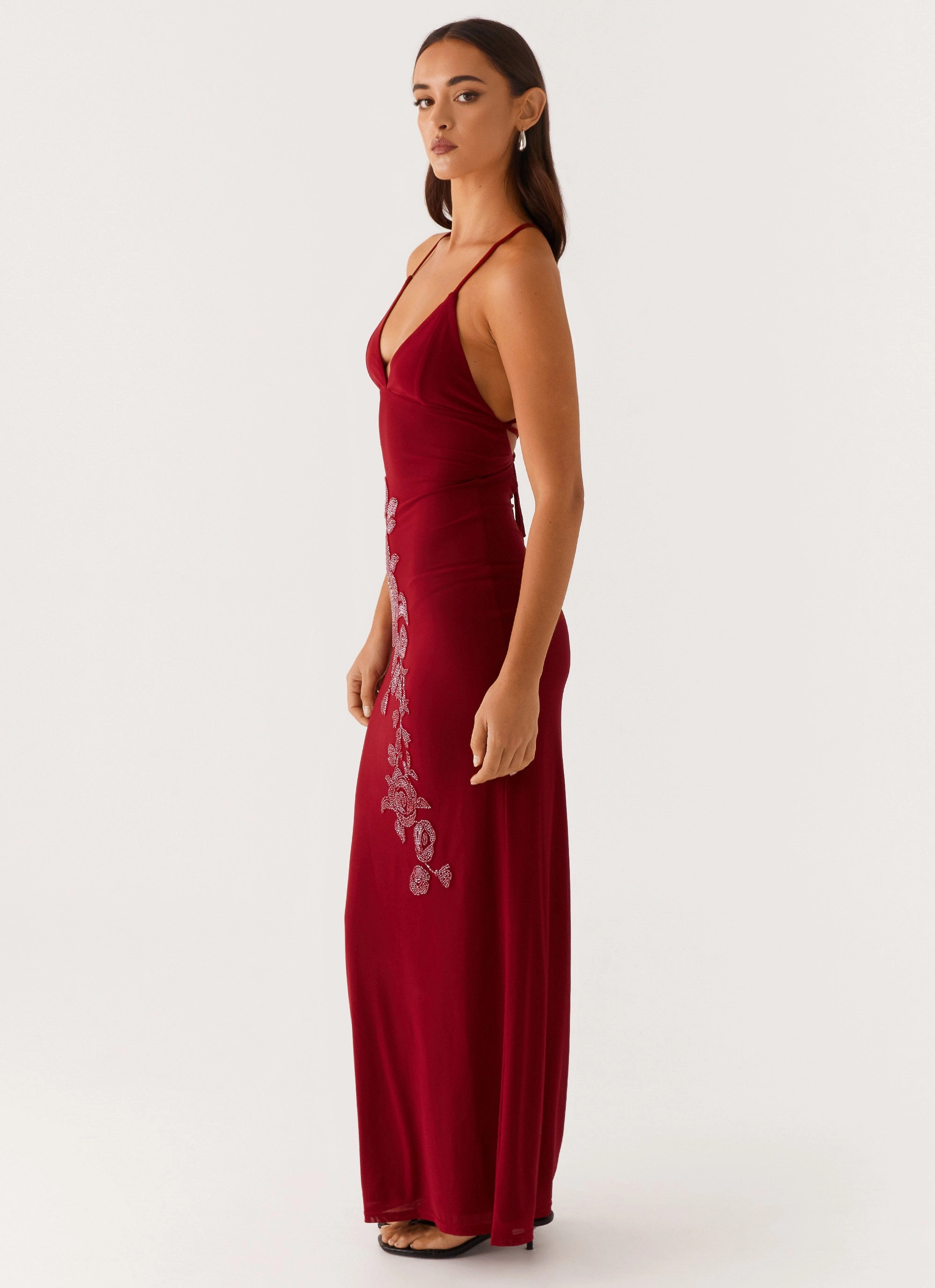 Fall Comfort Beki Beaded Mesh Maxi Dress - Deep Red