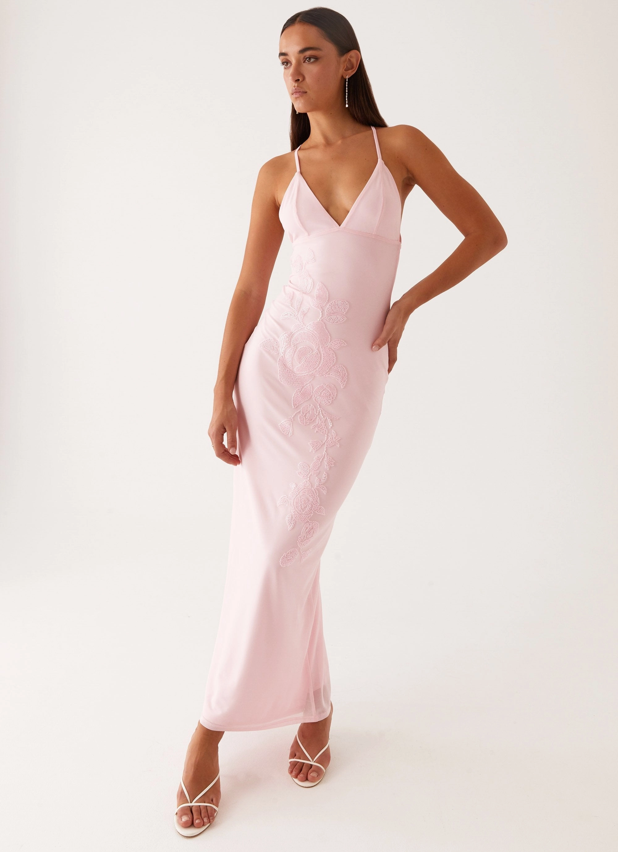 Calm Texture Beki Beaded Mesh Maxi Dress - Pink