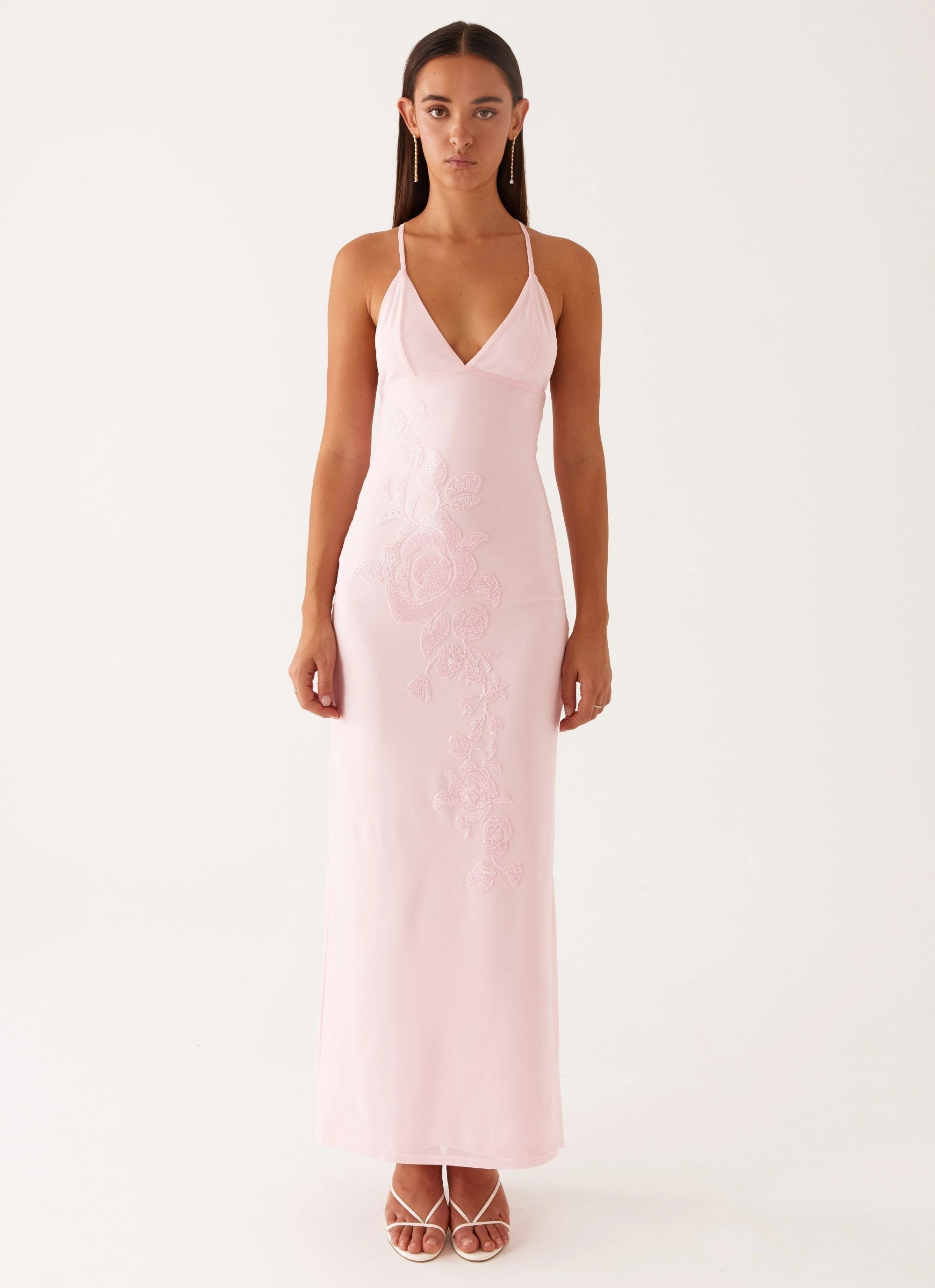 Olive Tone Beki Beaded Mesh Maxi Dress - Pink