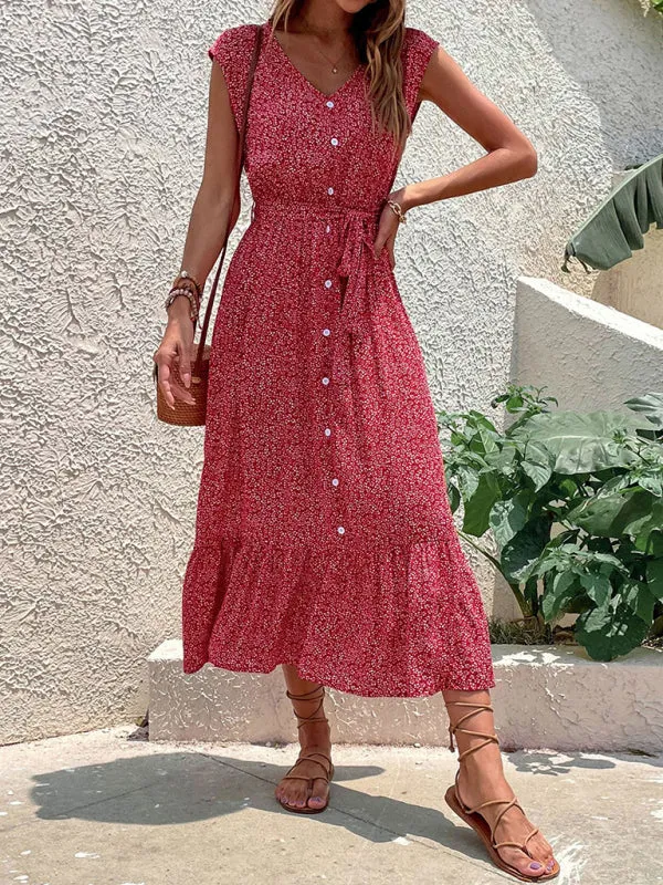 Belt-Tie A-Line Midi Dress in Floral with Short Sleeves
