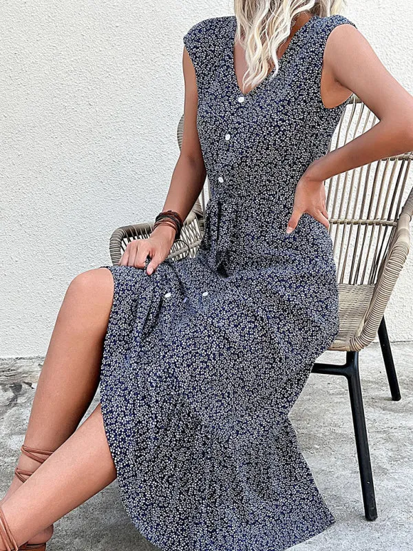 Belt-Tie A-Line Midi Dress in Floral with Short Sleeves
