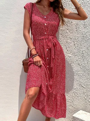 Belt-Tie A-Line Midi Dress in Floral with Short Sleeves