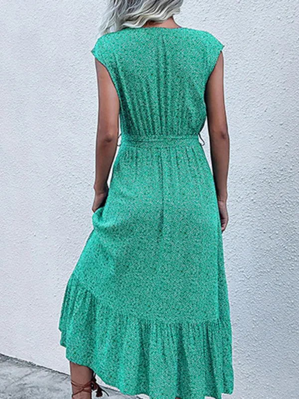 Belt-Tie A-Line Midi Dress in Floral with Short Sleeves