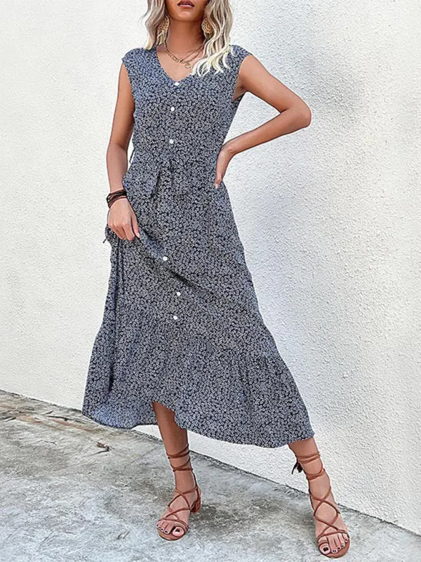 Belt-Tie A-Line Midi Dress in Floral with Short Sleeves