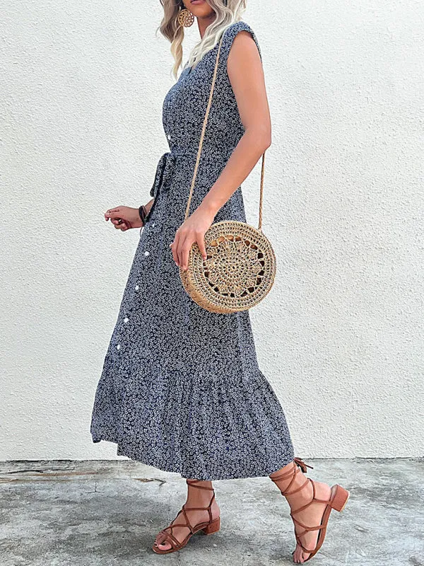 Belt-Tie A-Line Midi Dress in Floral with Short Sleeves