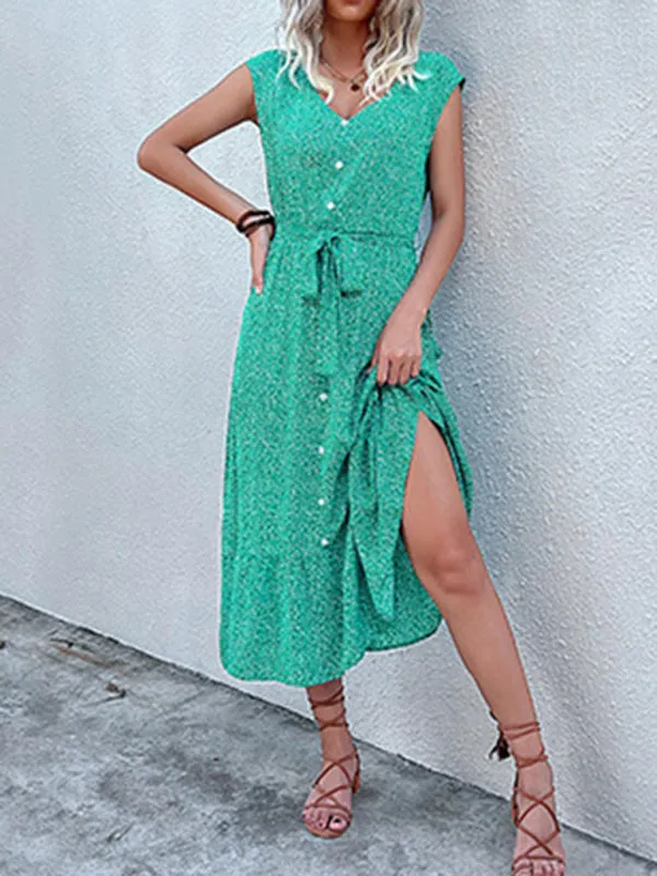Belt-Tie A-Line Midi Dress in Floral with Short Sleeves