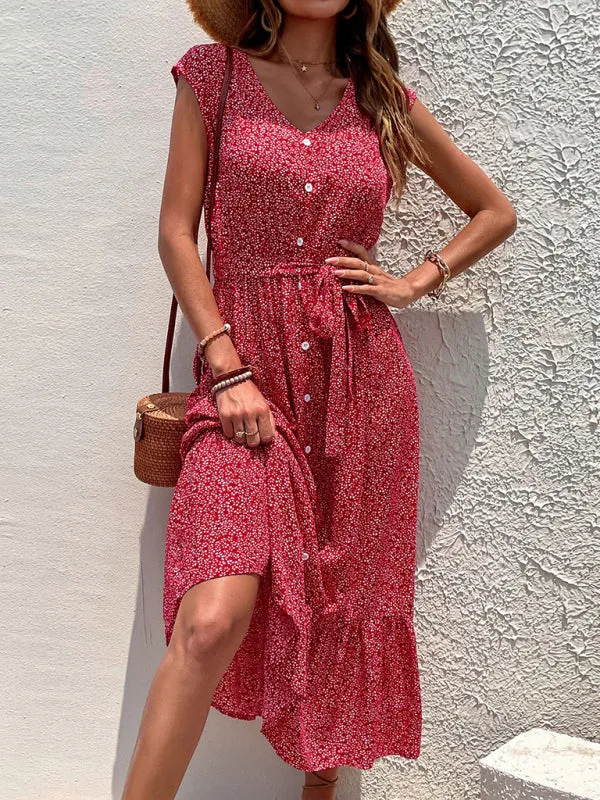 Belt-Tie A-Line Midi Dress in Floral with Short Sleeves