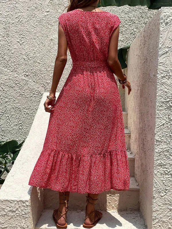 Belt-Tie A-Line Midi Dress in Floral with Short Sleeves