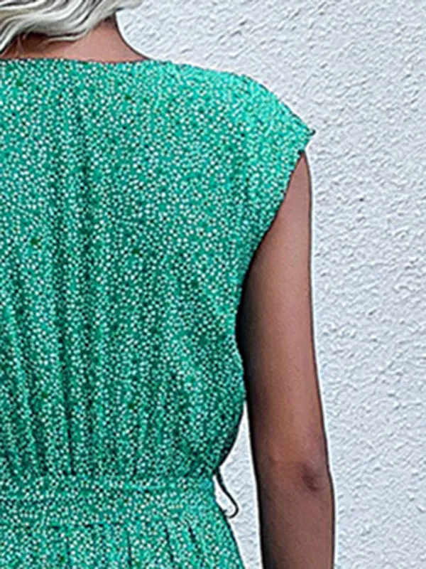 Belt-Tie A-Line Midi Dress in Floral with Short Sleeves