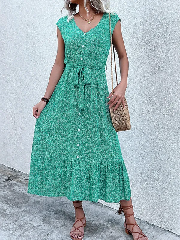 Belt-Tie A-Line Midi Dress in Floral with Short Sleeves