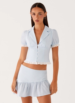 Bennett Button Up Top - Blue White Stripe Eco Certified Material Bennett Button Up Top - Blue White Stripe Low Profile Collar