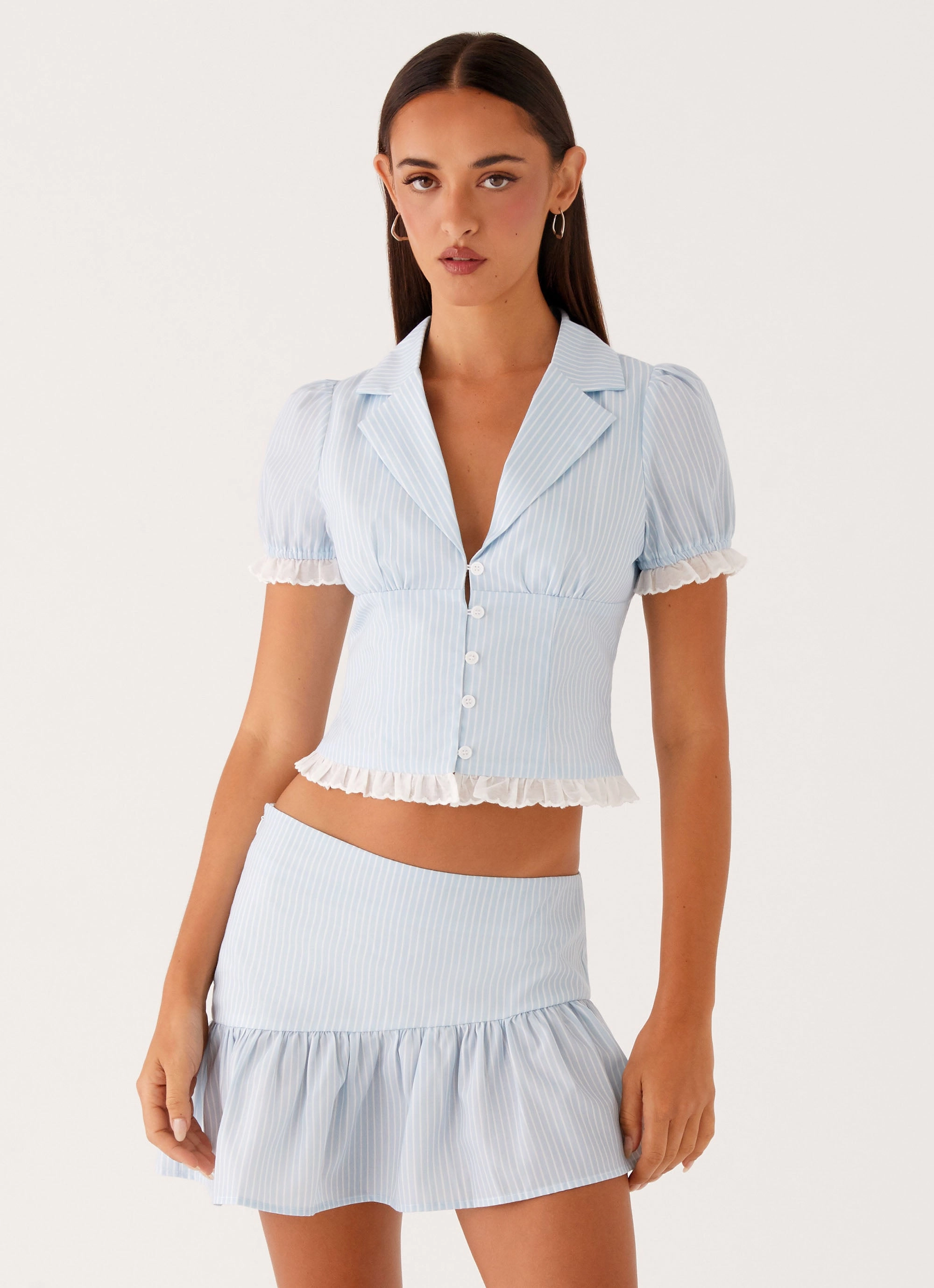 Bennett Button Up Top - Blue White Stripe Low Profile Collar