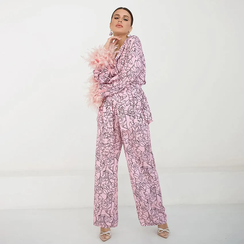 BerriesJam - Print Pattern Cardigan Lace-up Pajamas Set