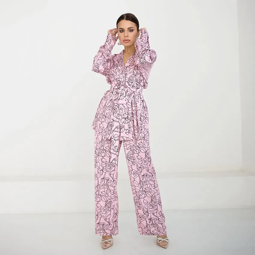 BerriesJam - Print Pattern Cardigan Lace-up Pajamas Set