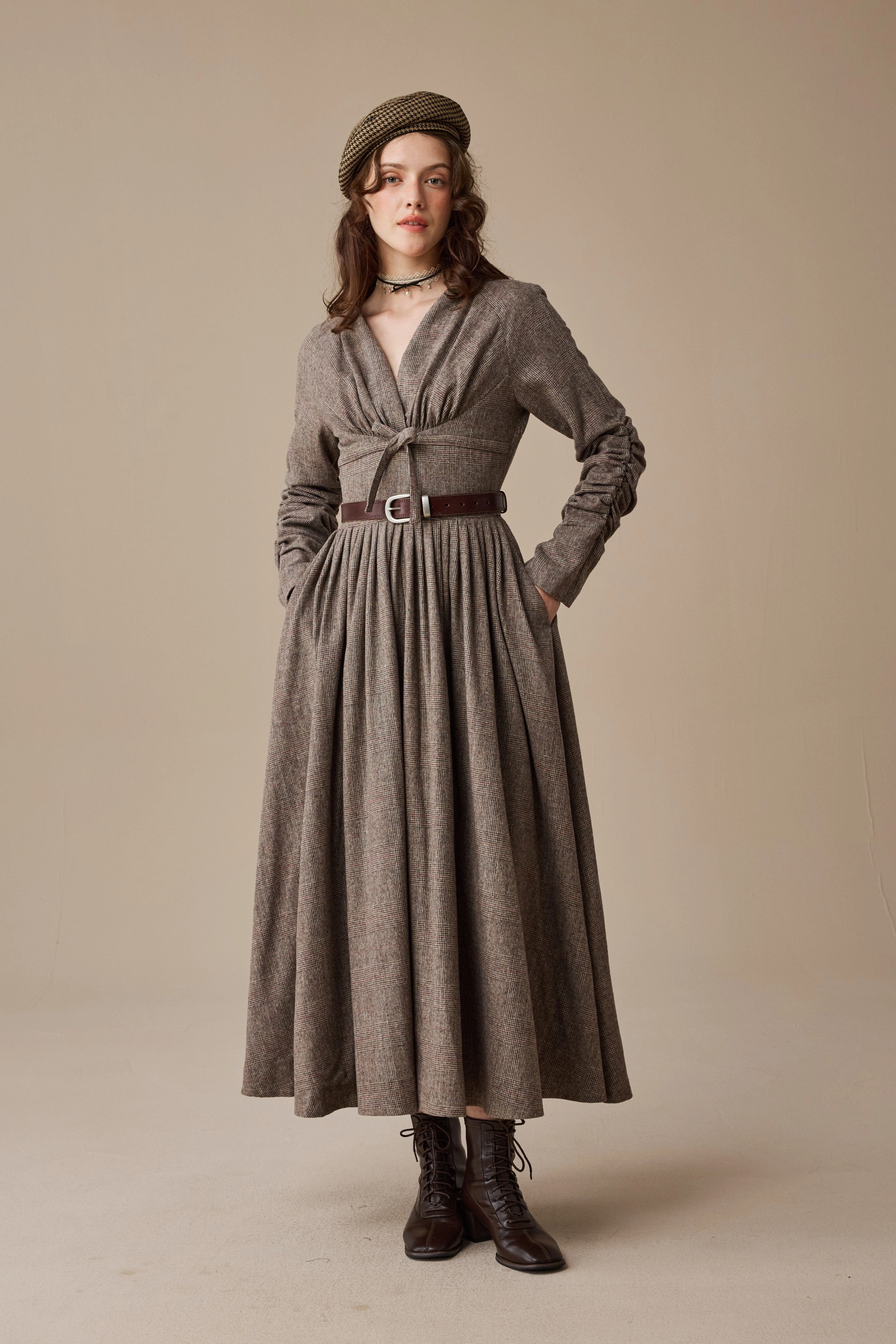 Wrinkle Free Texture CompressionResistant Bette 24 |Gingham 100% Wool Dress