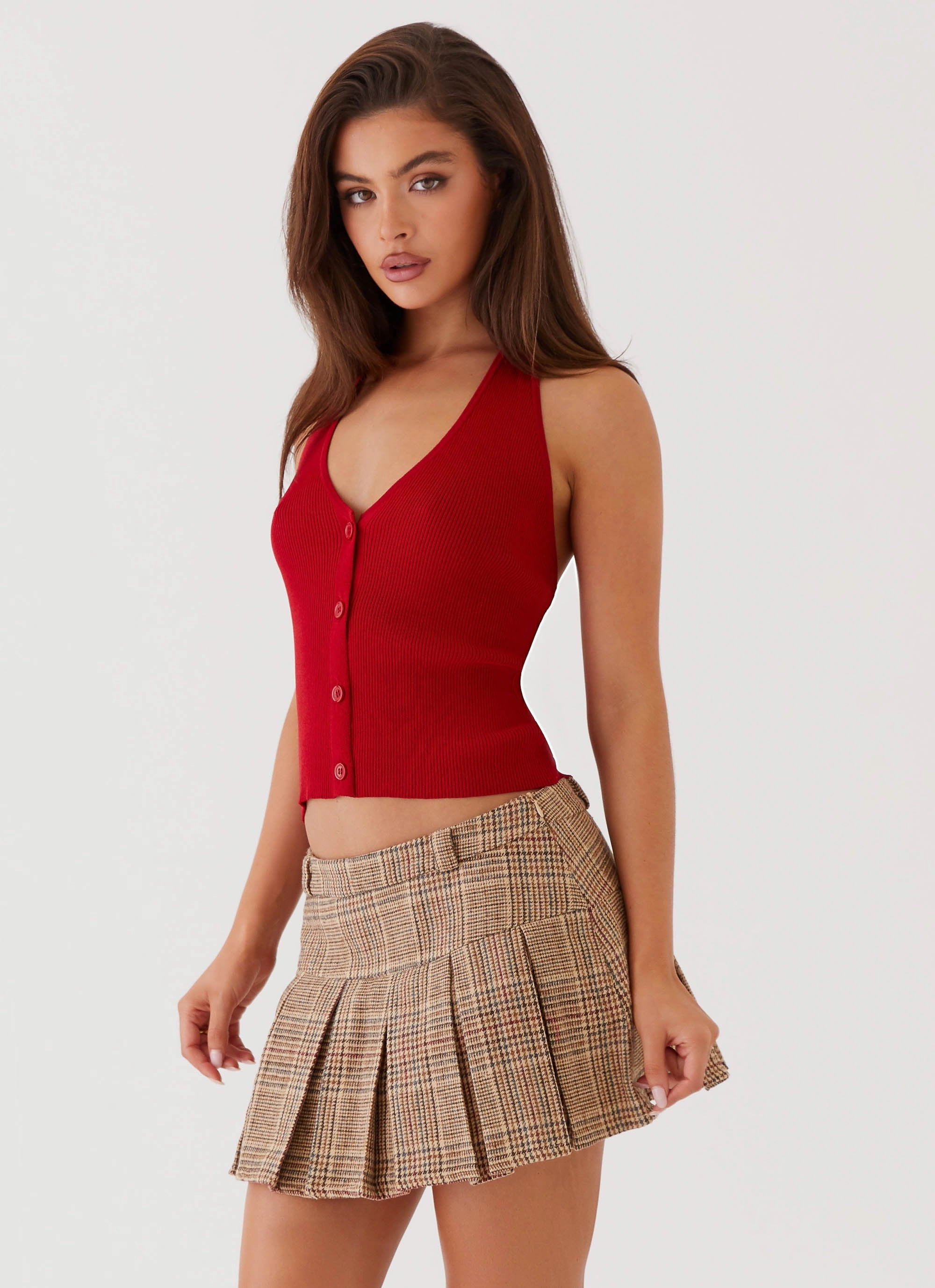Bettie Knit Halter Top - Red NonChafe Tag Placement