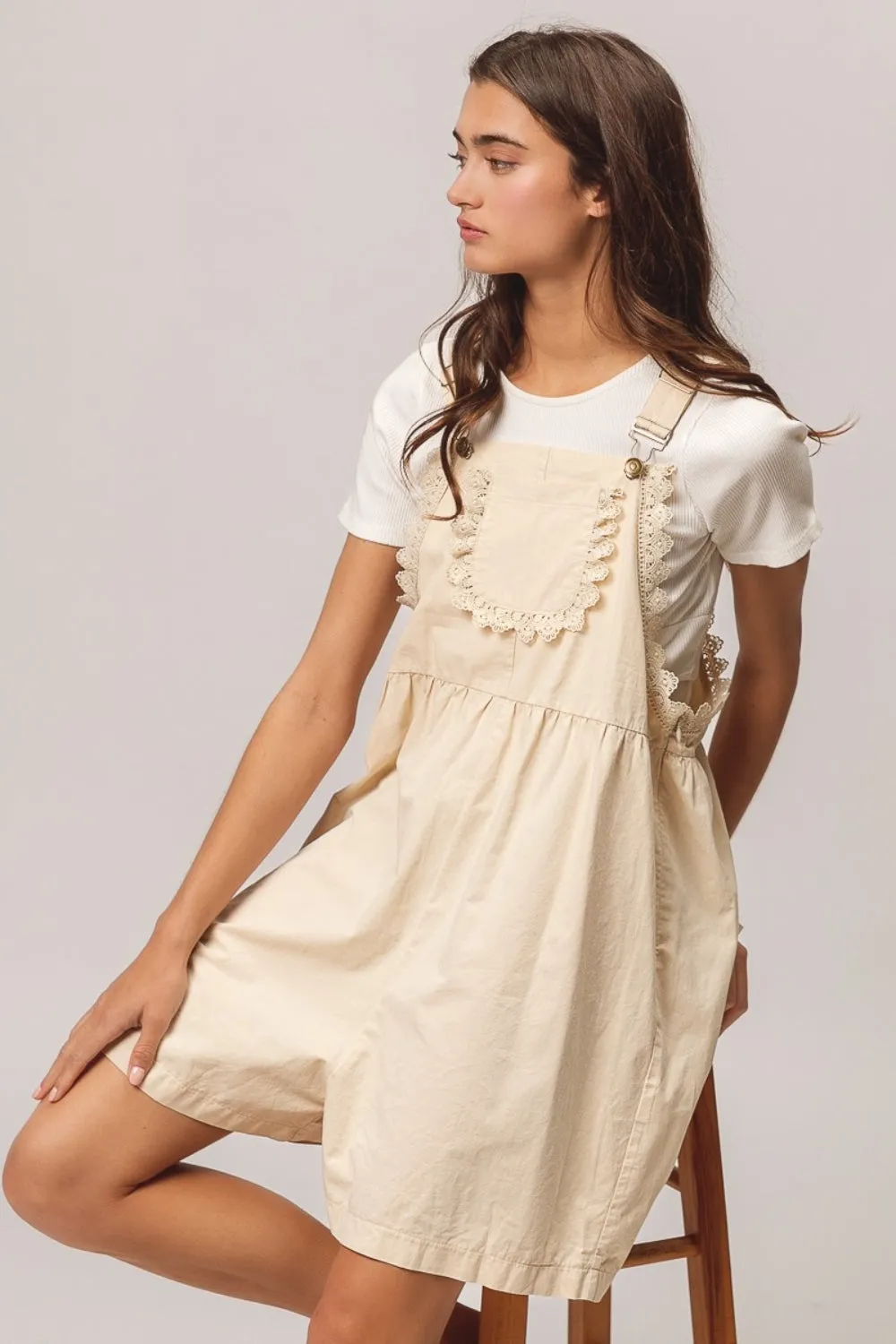 Bibi Back Patch Pocket Lace Trim Rompers