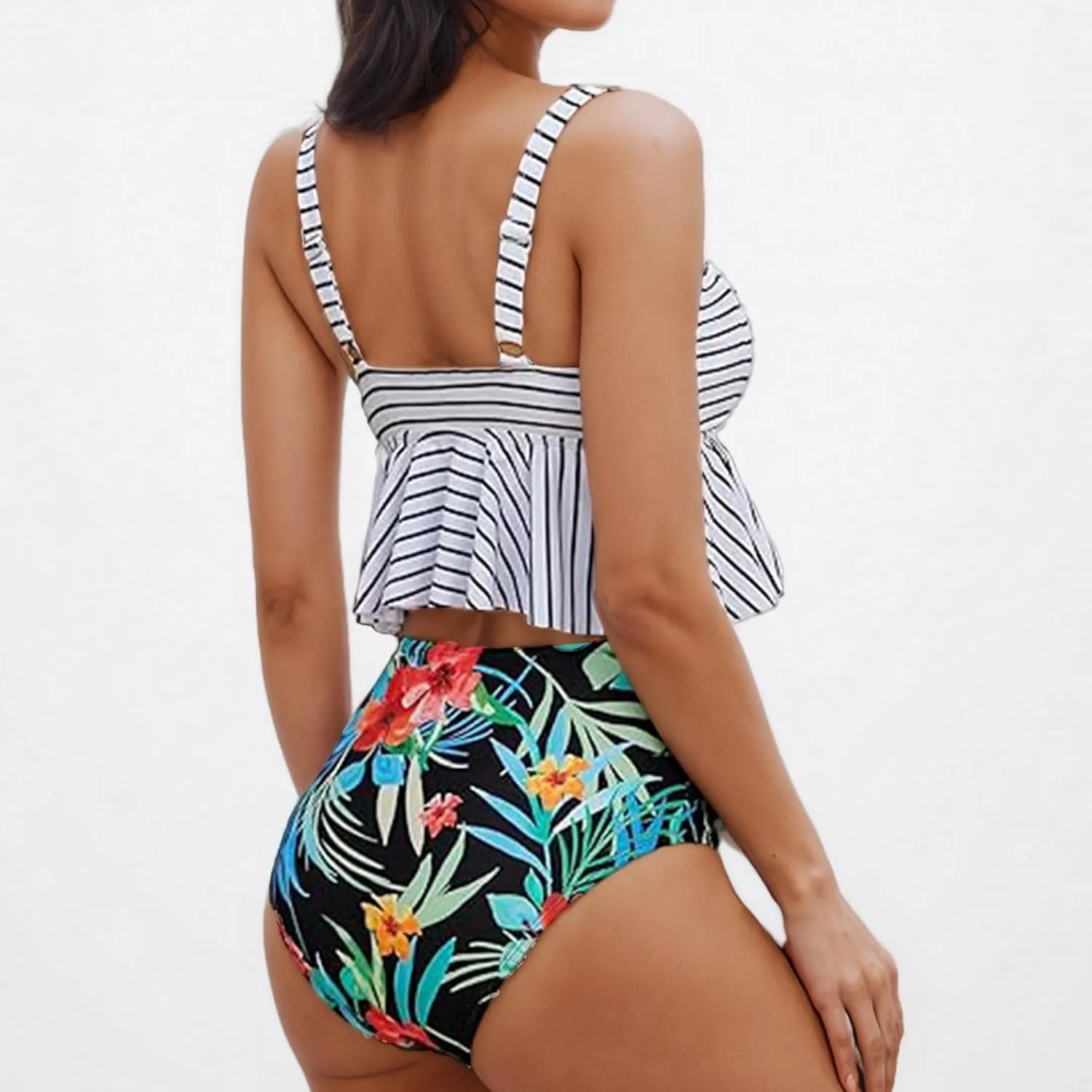 Bidobibo Swim Suits for Women 2025 Tummy Control High Waisted Swimsuit with Ruffle Top Womens Two Piece Tankini Bathing Suits