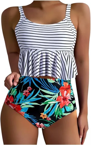 Bidobibo Swim Suits for Women 2025 Tummy Control High Waisted Swimsuit with Ruffle Top Womens Two Piece Tankini Bathing Suits