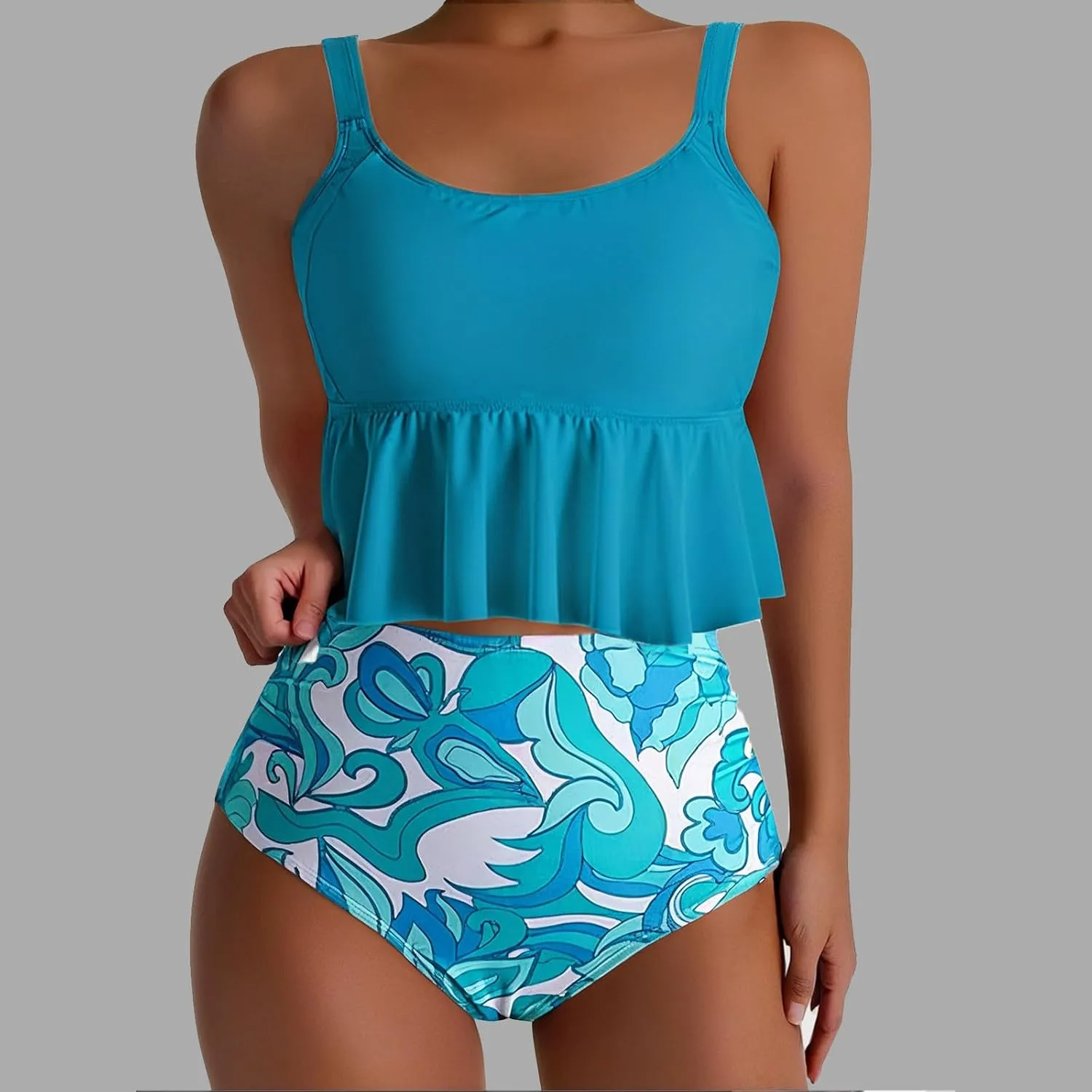 Bidobibo Swim Suits for Women 2025 Tummy Control High Waisted Swimsuit with Ruffle Top Womens Two Piece Tankini Bathing Suits