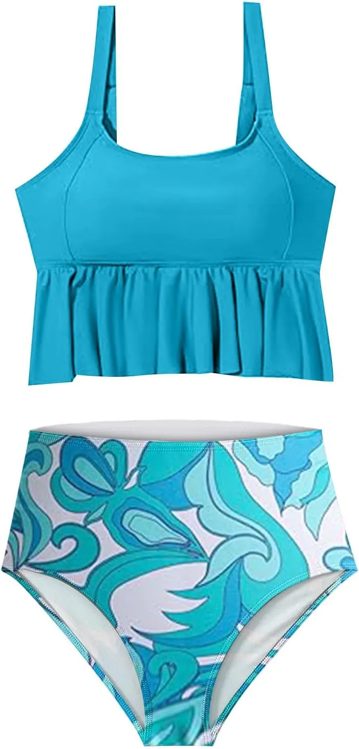 Bidobibo Swim Suits for Women 2025 Tummy Control High Waisted Swimsuit with Ruffle Top Womens Two Piece Tankini Bathing Suits