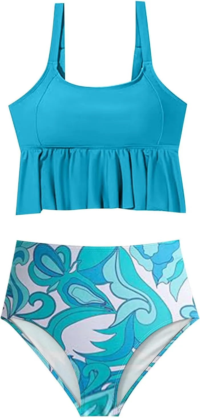Bidobibo Swim Suits for Women 2025 Tummy Control High Waisted Swimsuit with Ruffle Top Womens Two Piece Tankini Bathing Suits