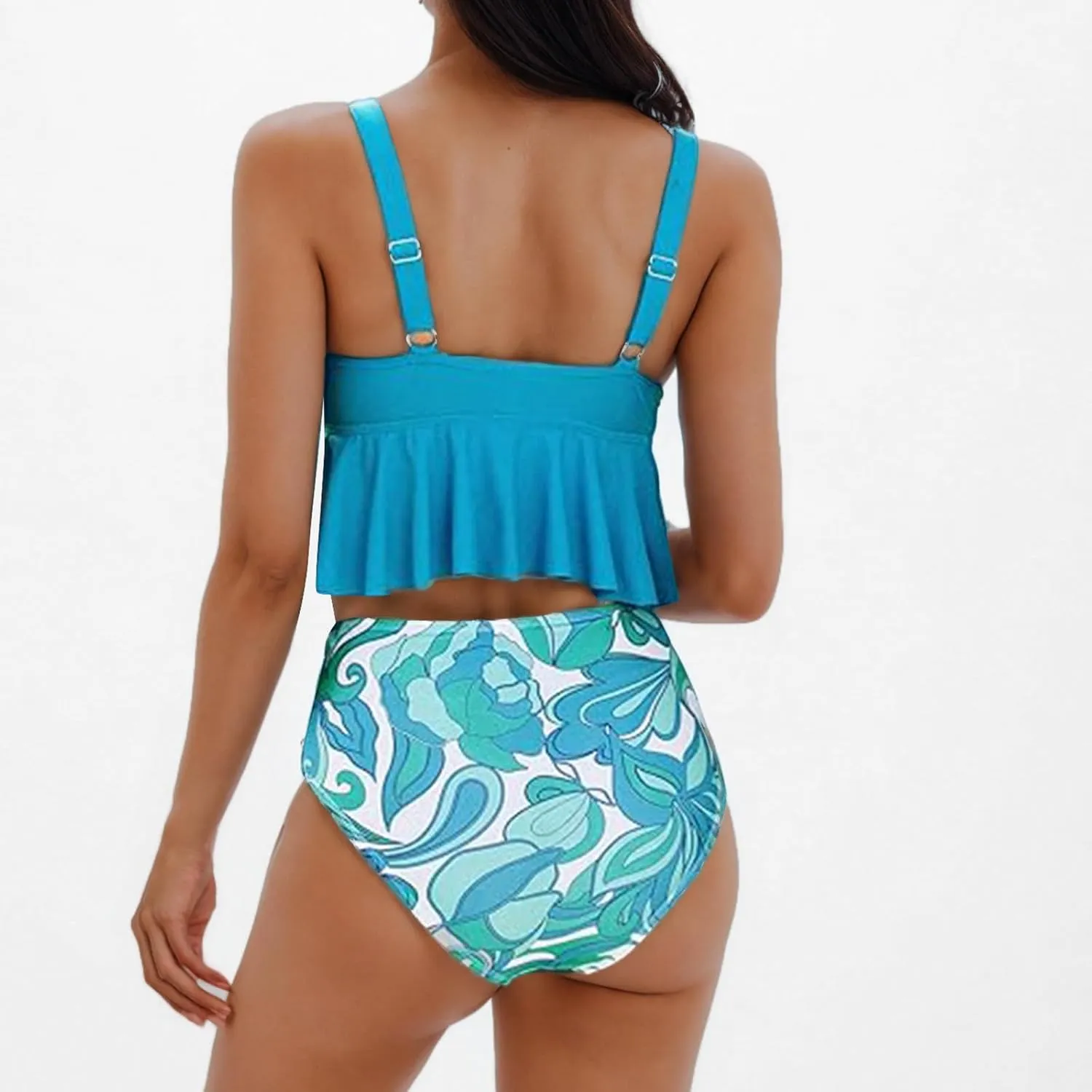 Bidobibo Swim Suits for Women 2025 Tummy Control High Waisted Swimsuit with Ruffle Top Womens Two Piece Tankini Bathing Suits