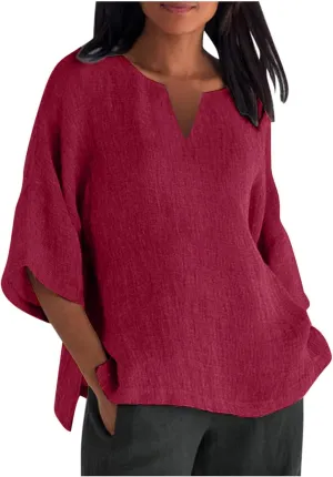 Binmer Plus Size Summer Linen Tops for Women 2024 Trendy Short Sleeve T-Shirts Loose Solid V Neck Tee Side Split Blouse S-5XL
