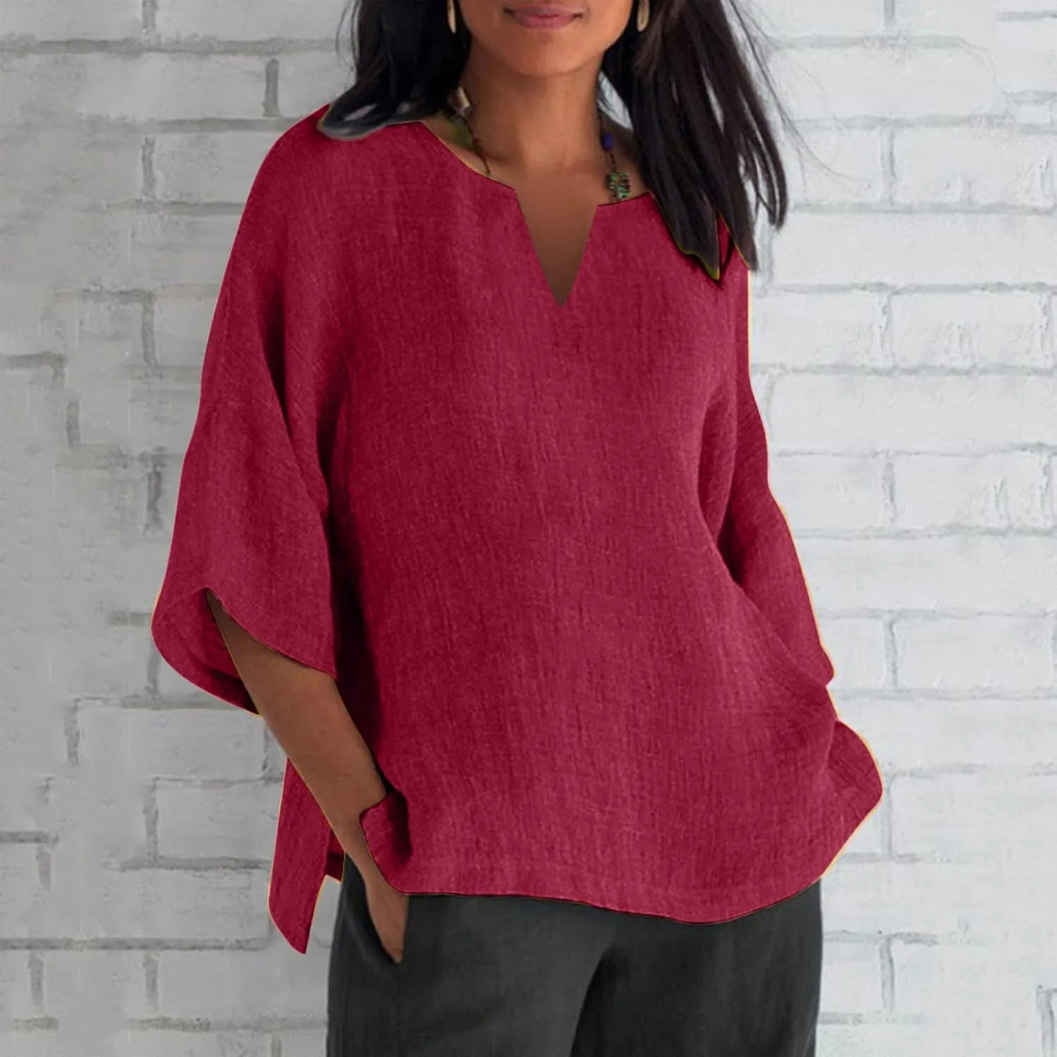 Binmer Plus Size Summer Linen Tops for Women 2024 Trendy Short Sleeve T-Shirts Loose Solid V Neck Tee Side Split Blouse S-5XL