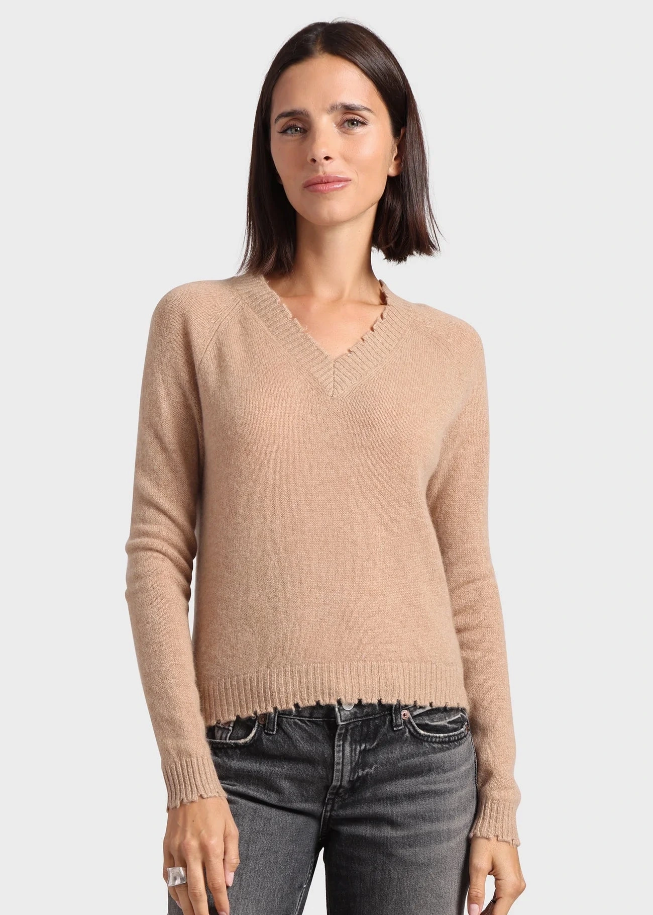 Minnie Rose Cashmere Frayed Edge Cropped V-Neck Sweater Fashion Forward Wear