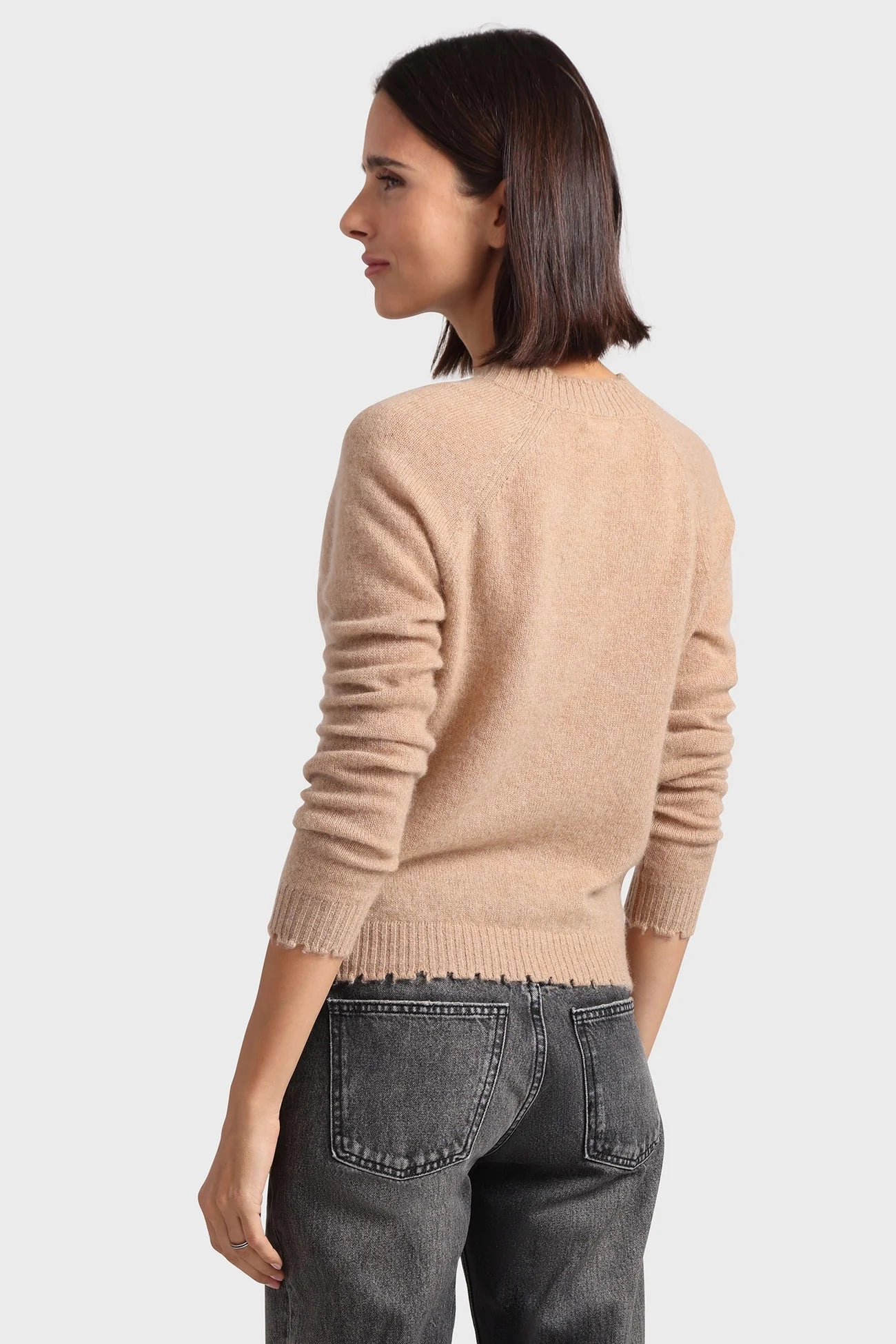 Minnie Rose Cashmere Frayed Edge Cropped V-Neck Sweater Sleek Fit Crew Neck Design