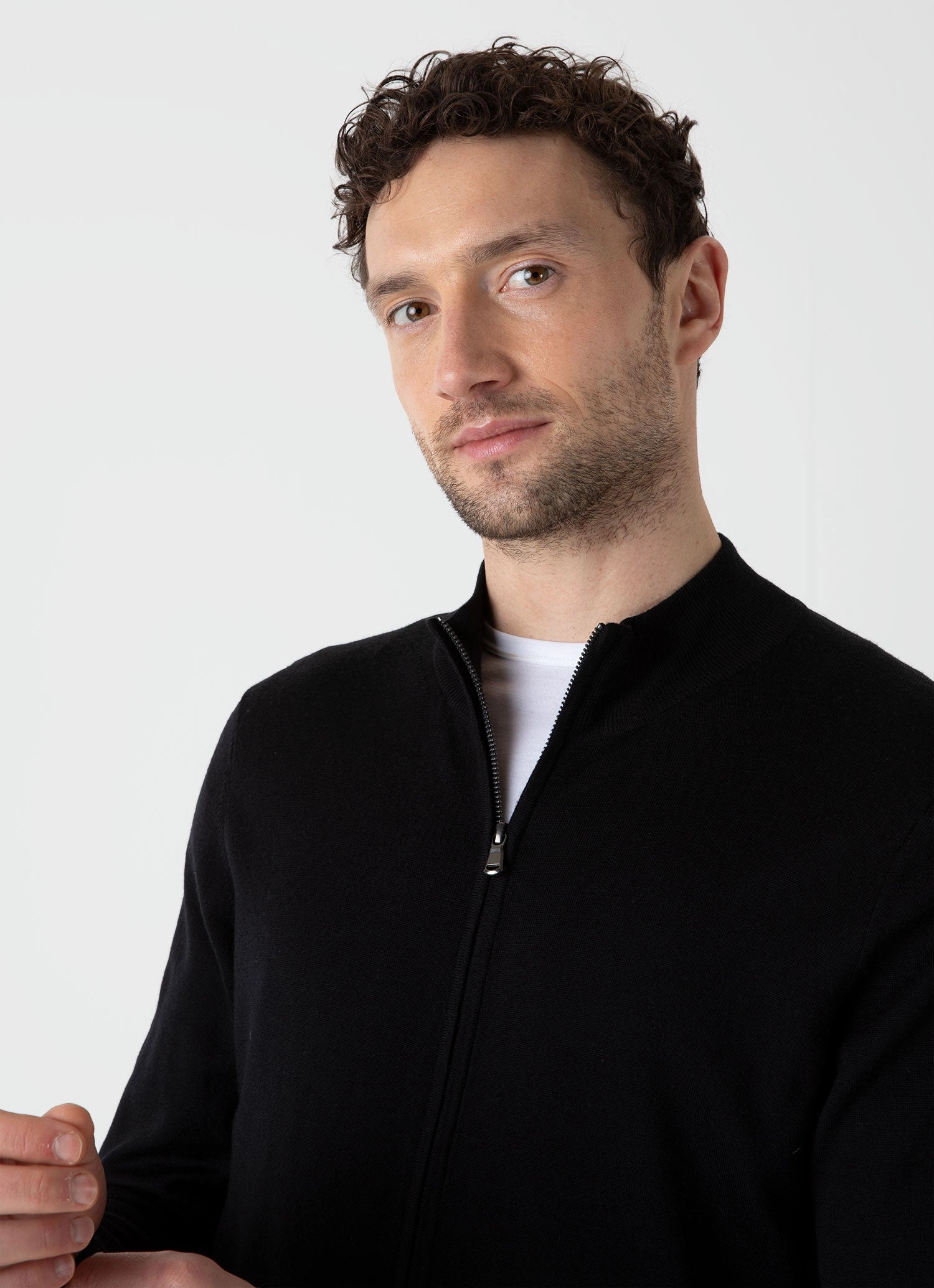 Men's Extra-Fine Merino Zip Cardigan in Black Stretch Knit Backing