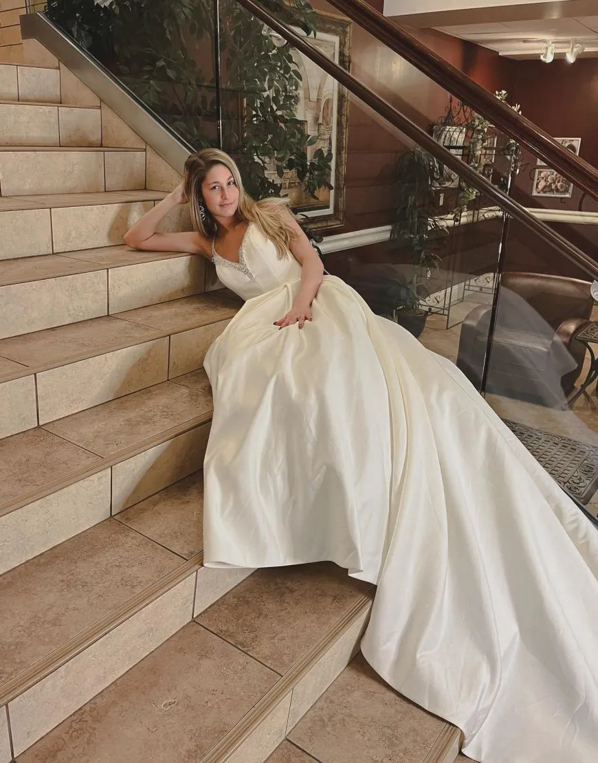 Birdie | Noble A-line V-Neck Chapel Train Satin Wedding Dress With Beading