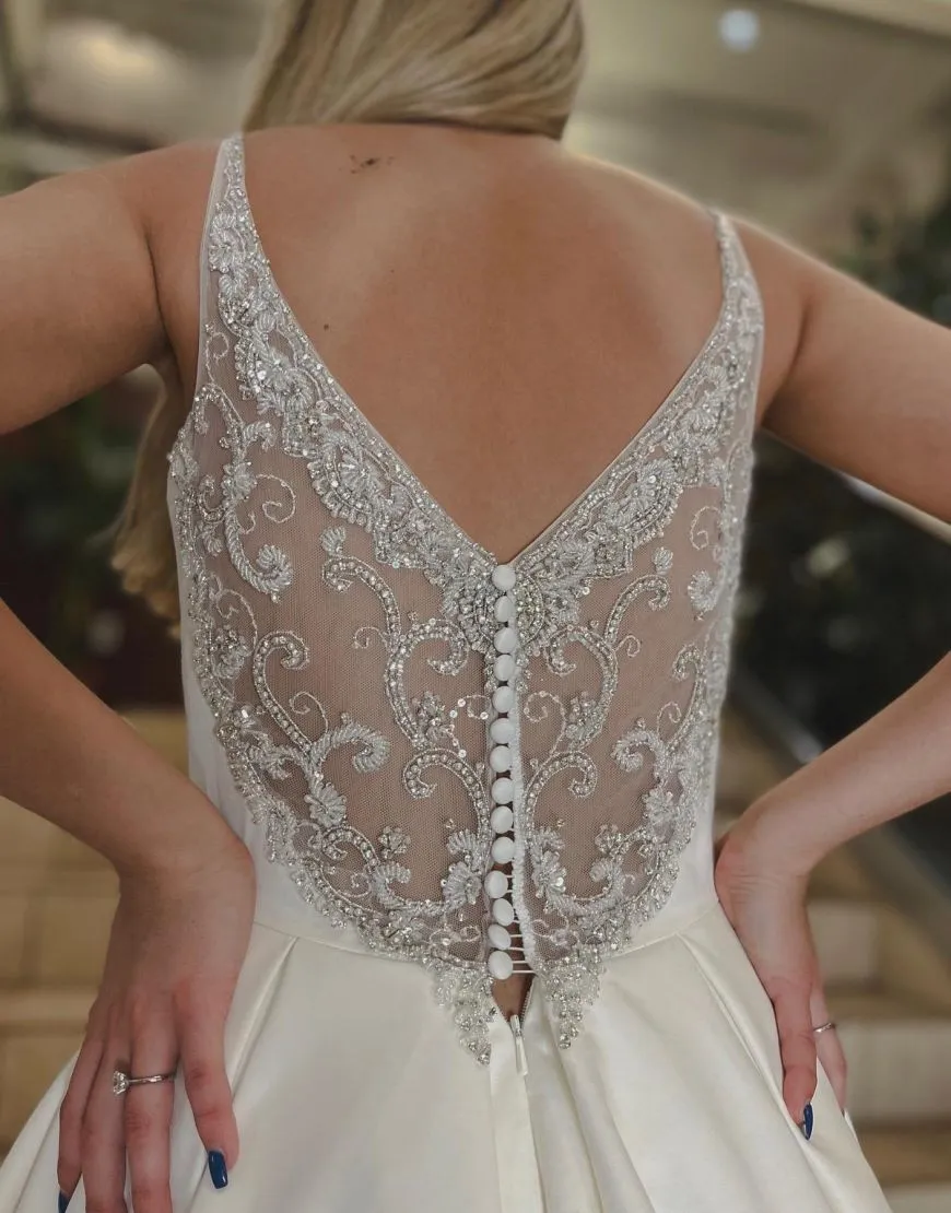 Birdie | Noble A-line V-Neck Chapel Train Satin Wedding Dress With Beading