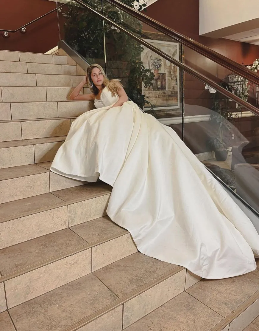 Birdie | Noble A-line V-Neck Chapel Train Satin Wedding Dress With Beading