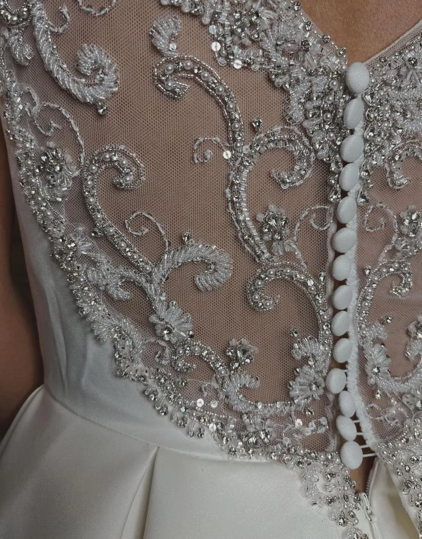 Birdie | Noble A-line V-Neck Chapel Train Satin Wedding Dress With Beading