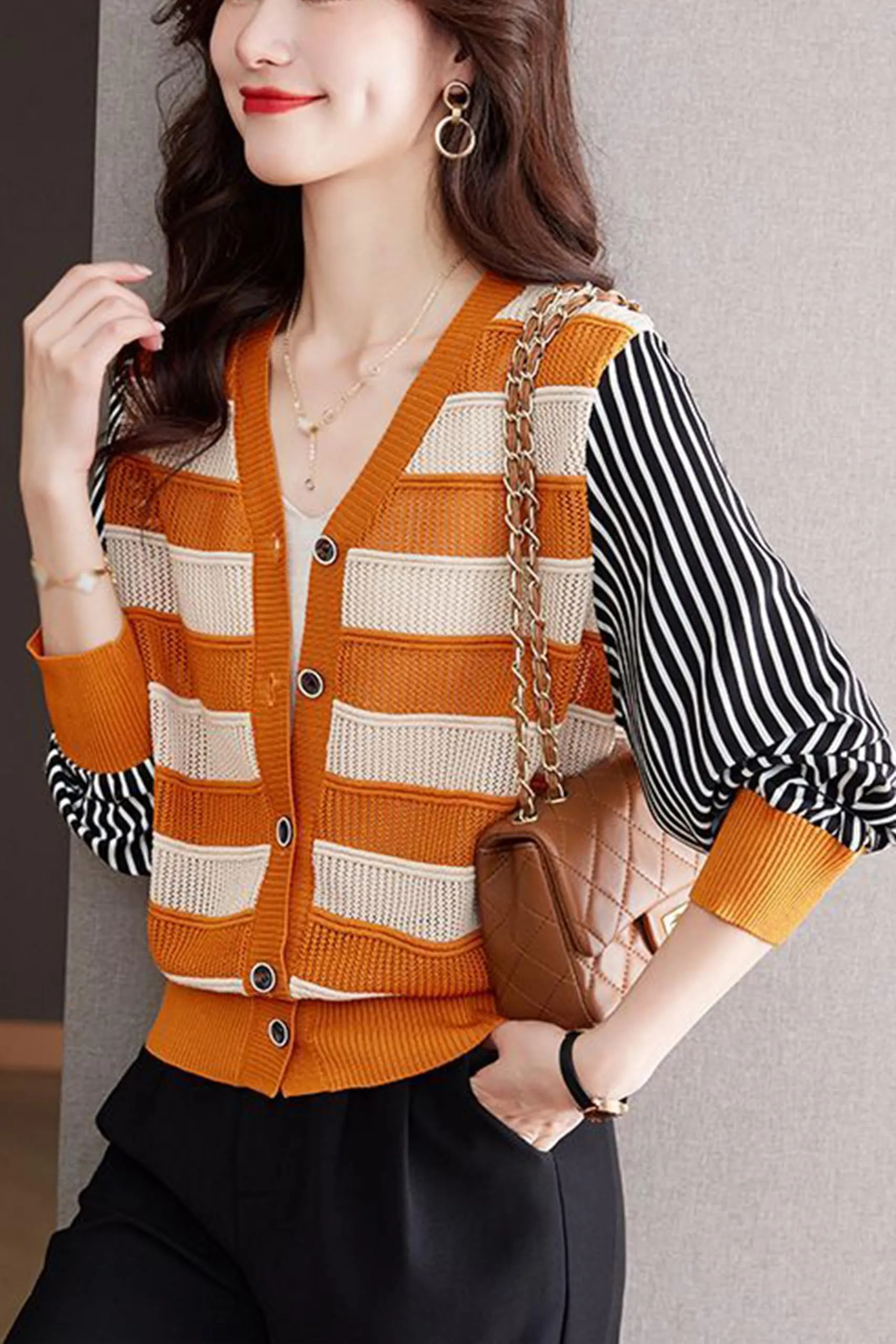 BK-Womens Striped Cardigan Sweaters Tops