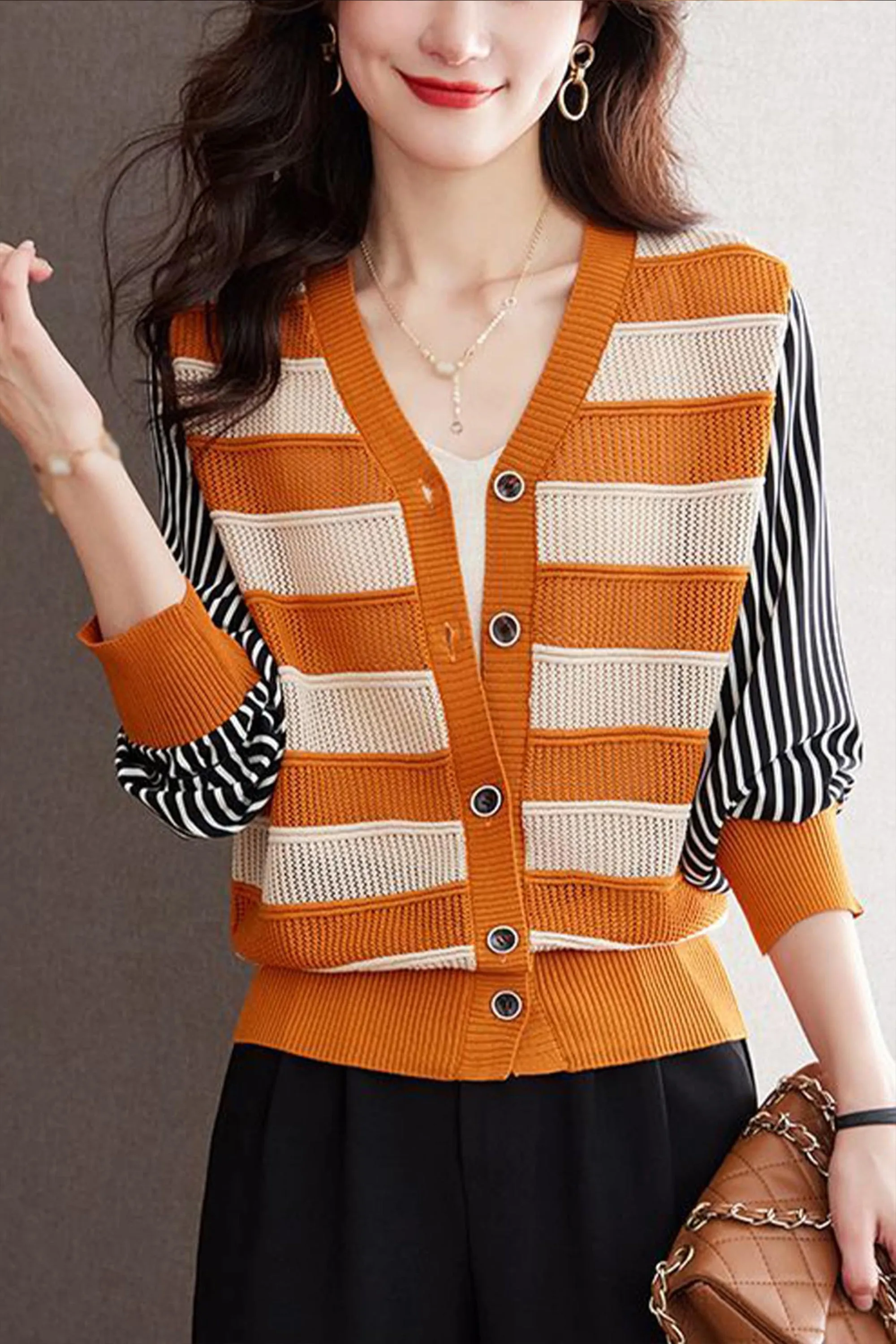 BK-Womens Striped Cardigan Sweaters Tops