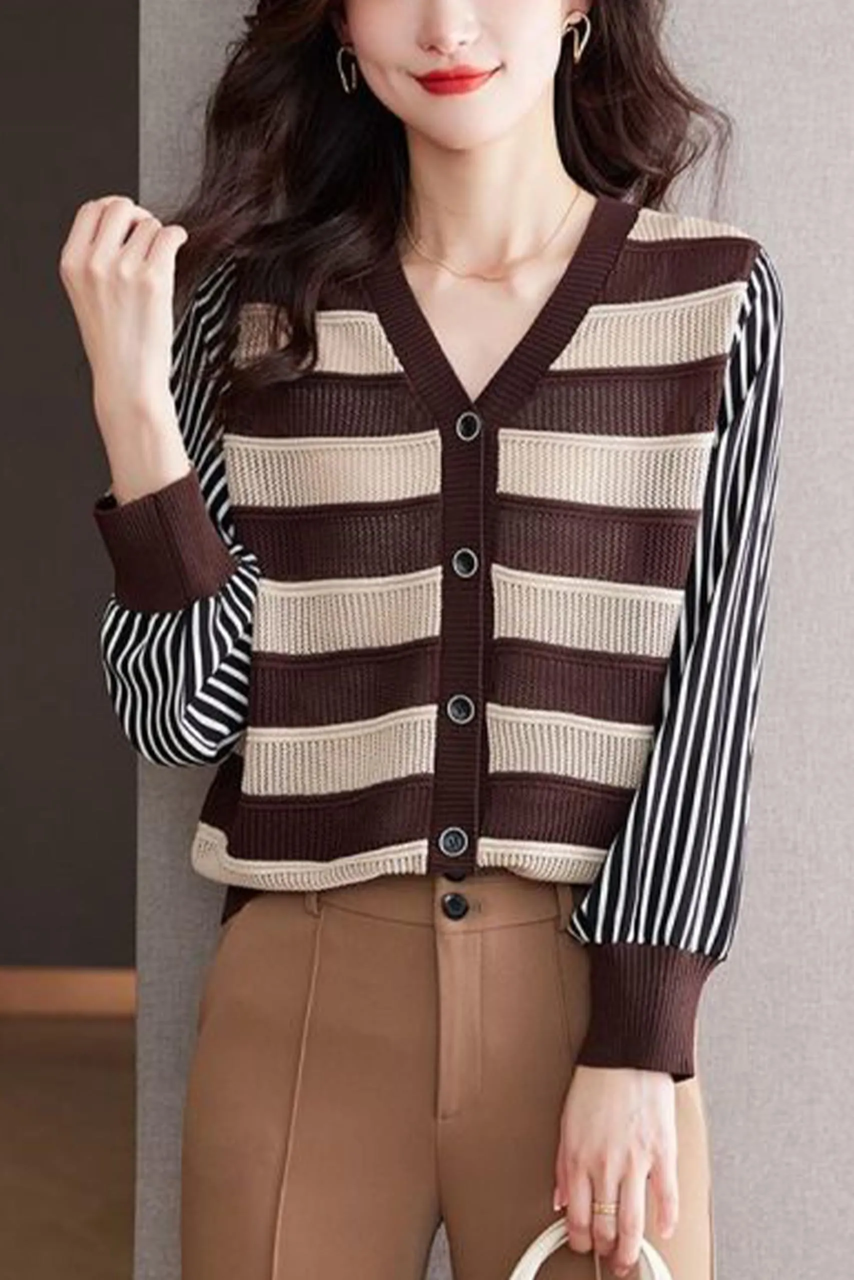 BK-Womens Striped Cardigan Sweaters Tops