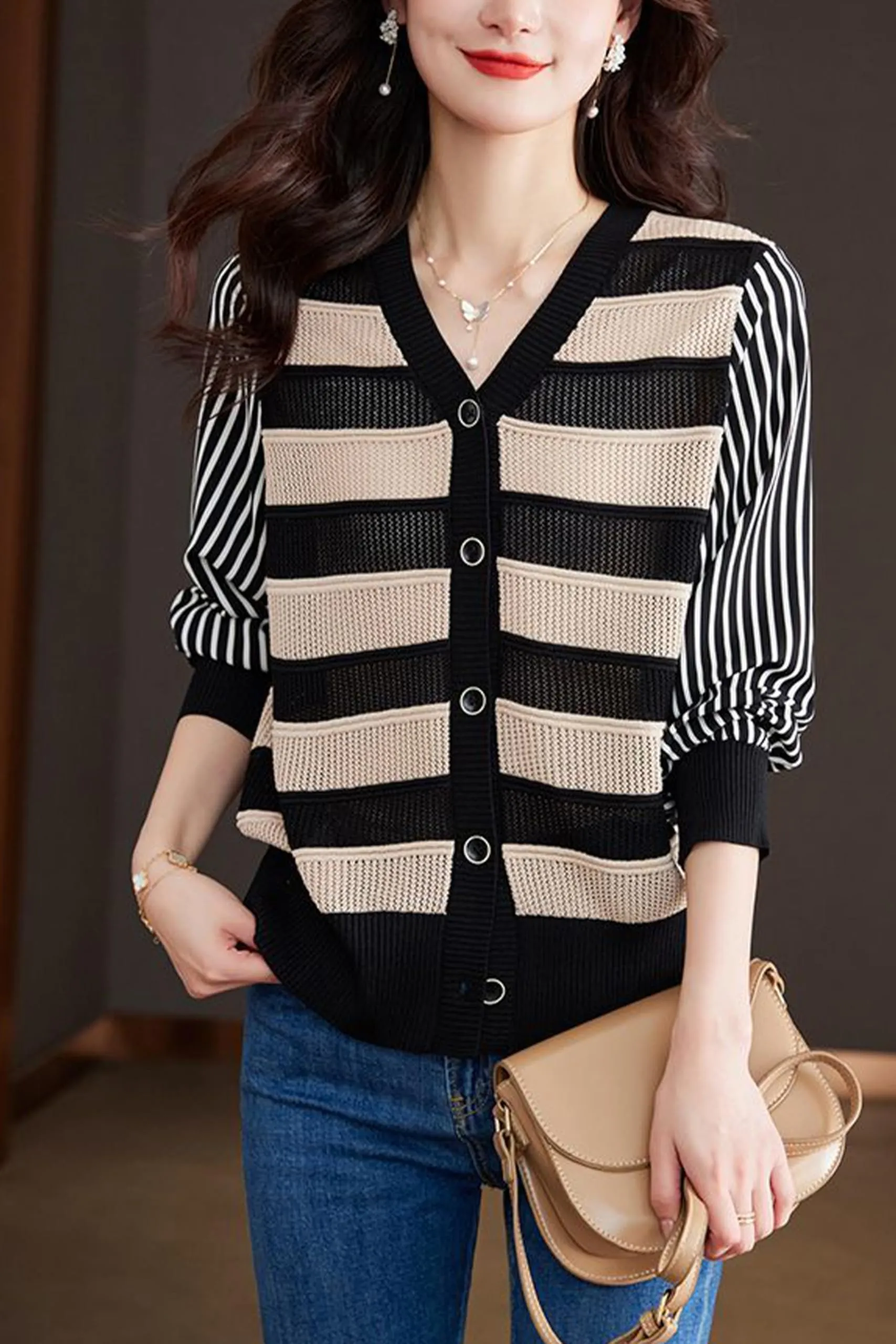 BK-Womens Striped Cardigan Sweaters Tops