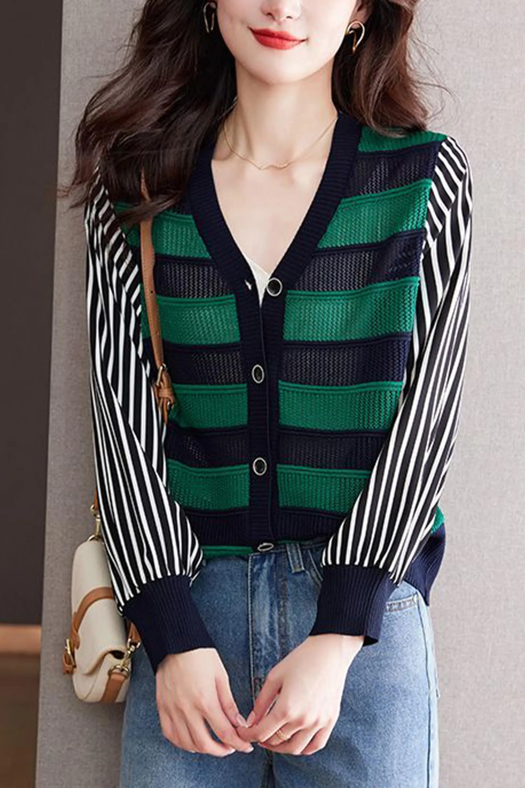 BK-Womens Striped Cardigan Sweaters Tops