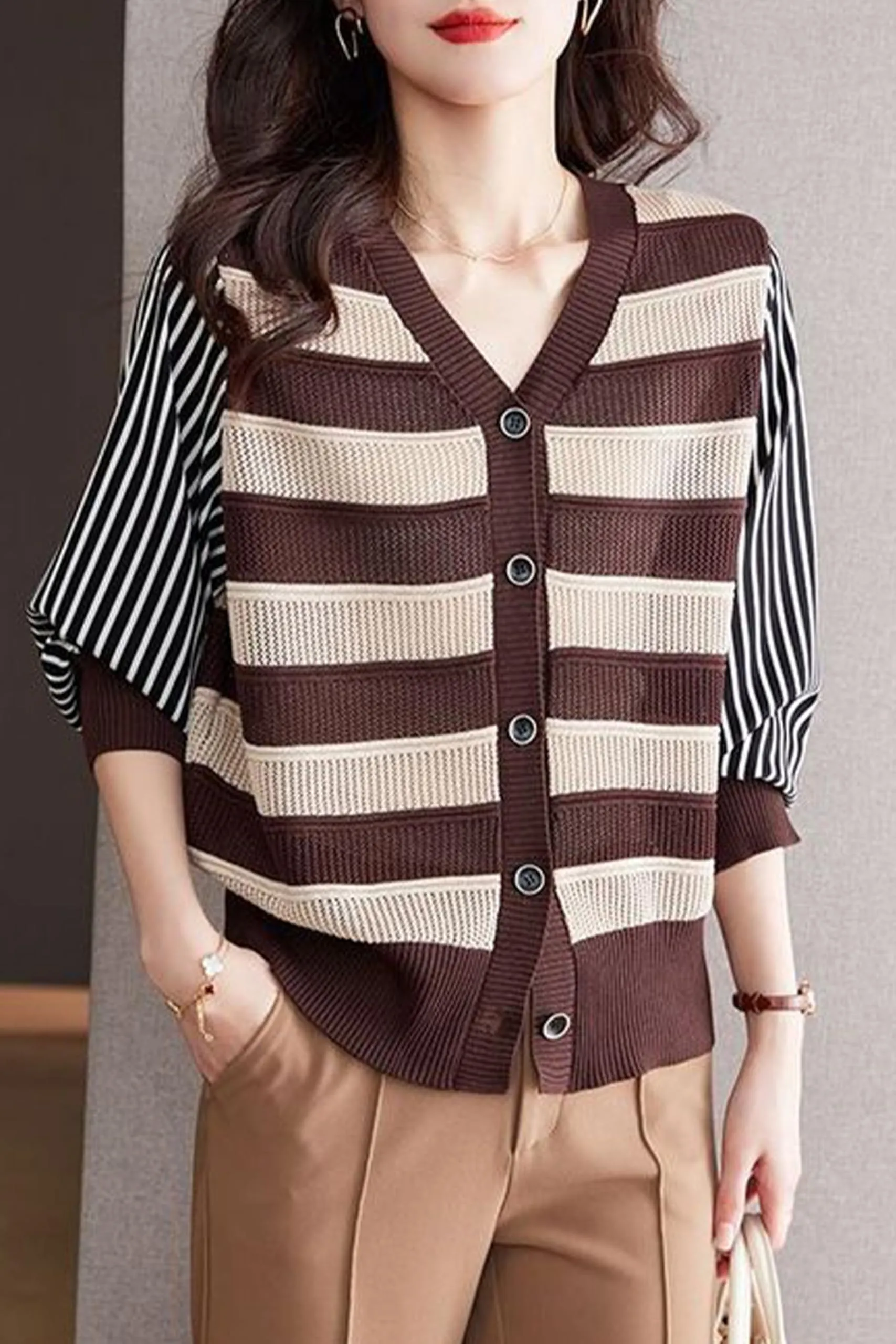 BK-Womens Striped Cardigan Sweaters Tops