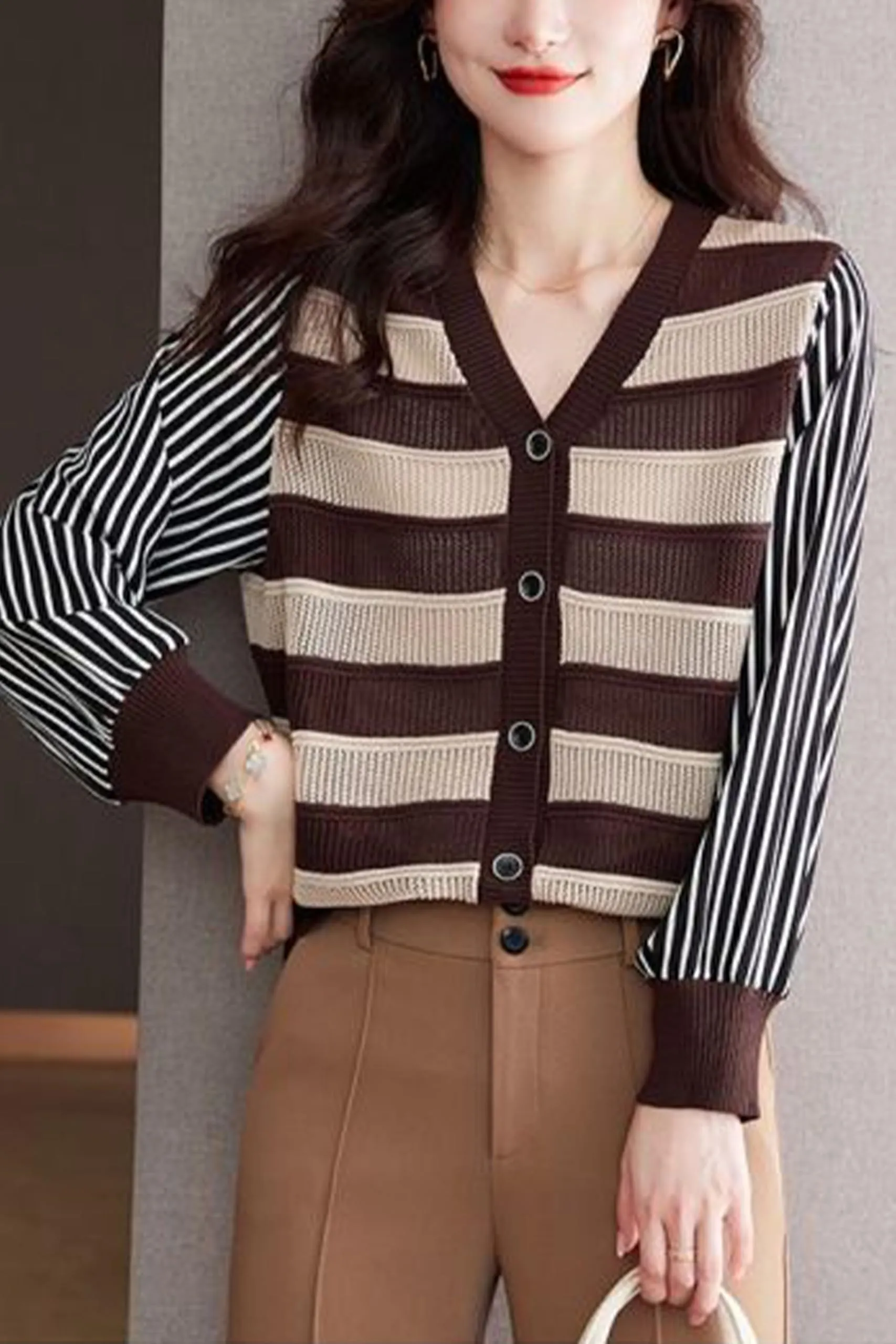 BK-Womens Striped Cardigan Sweaters Tops