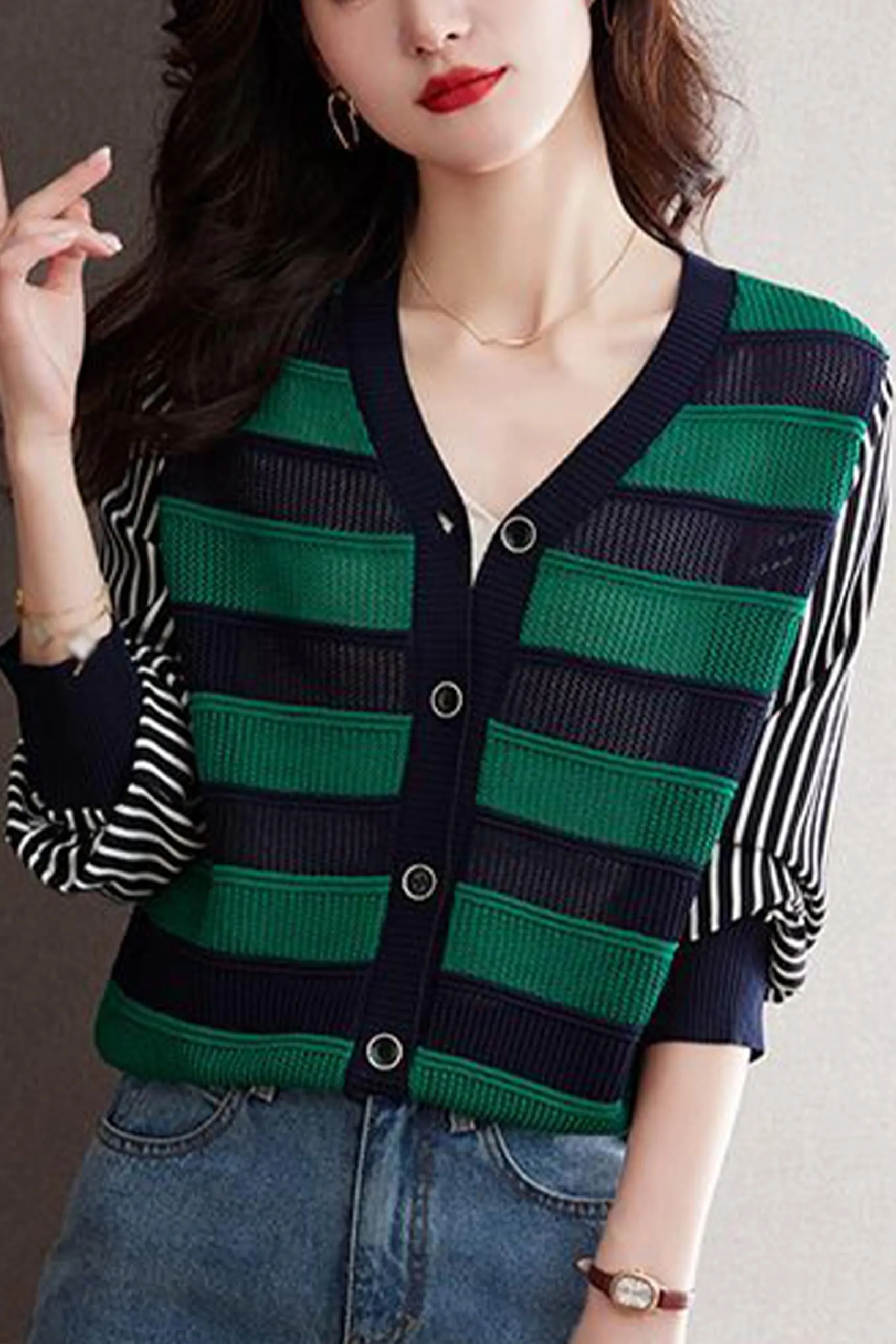 BK-Womens Striped Cardigan Sweaters Tops