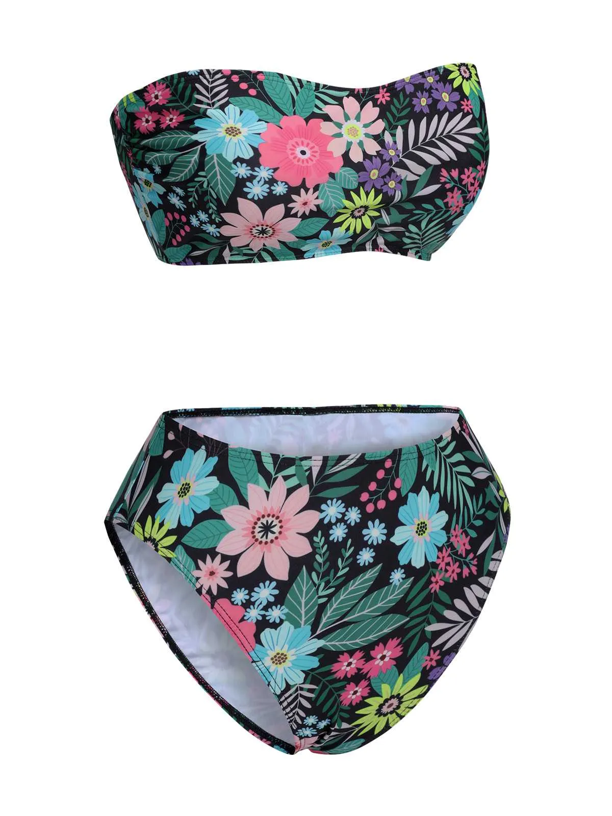 Black 1950s Bandeau Floral Swimsuit