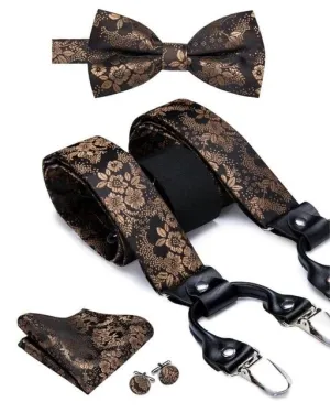 Black & Brown Floral Matching Bowtie & Suspenders Set (4pc)