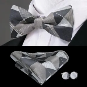 Black & Gray Abstract Plaid Matching Bowtie Set (3pc)