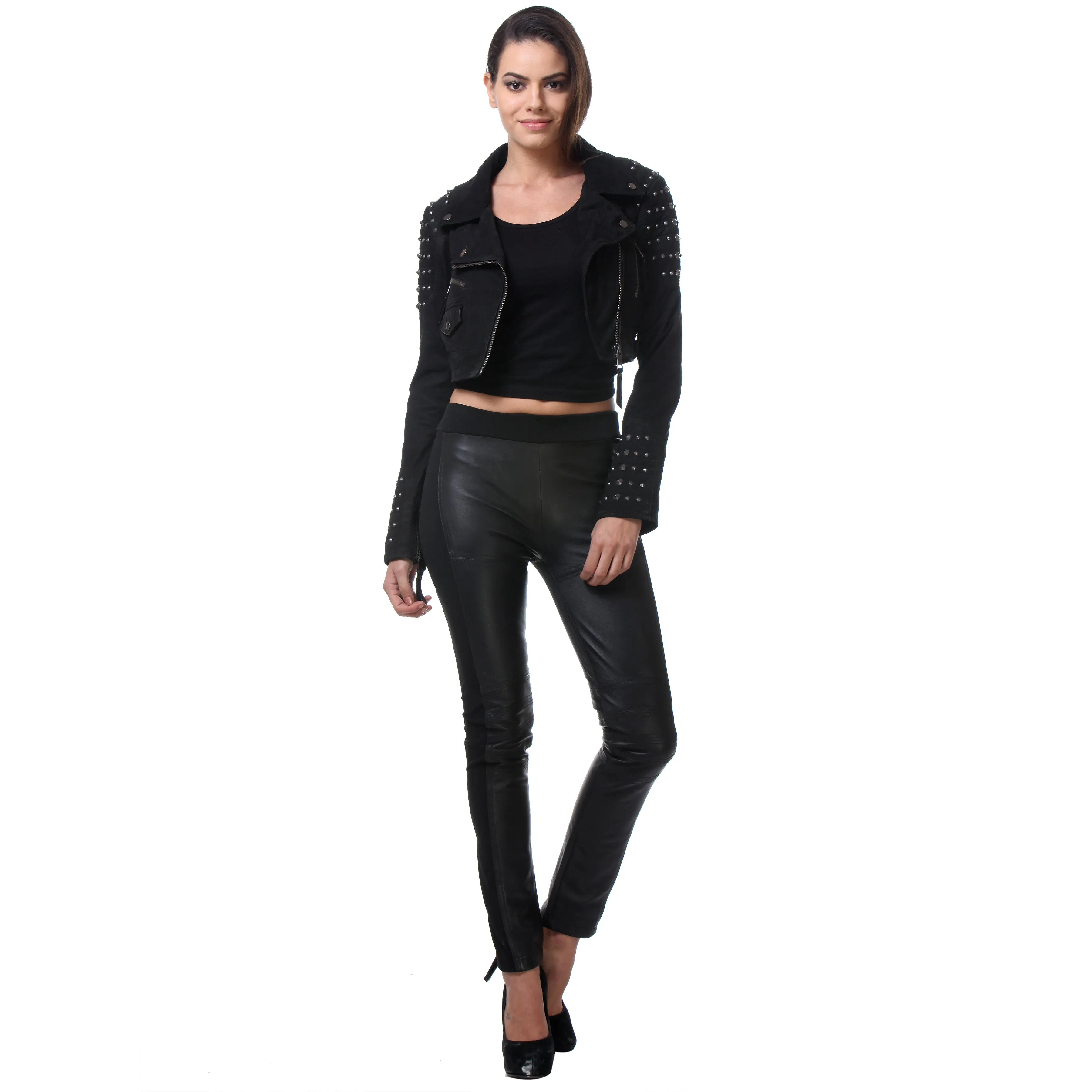 Black Color Classic Biker Jacket In Lamb Sparta Leather For Women By Brune & Bareskin