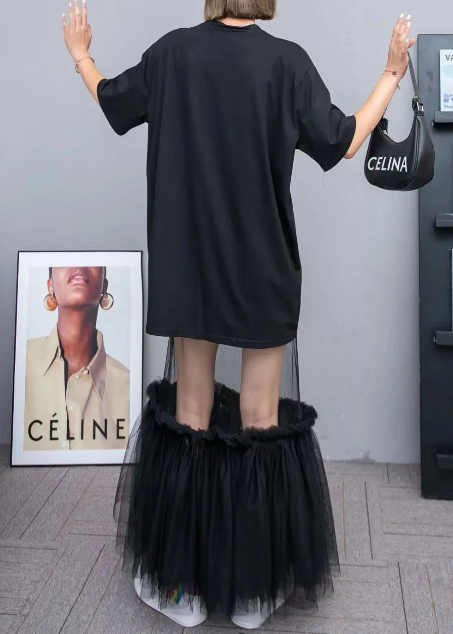 Black Cotton T Shirt Tops And Tulle Skirts Two Pieces Set O-Neck Wrinkled Summer LY3962